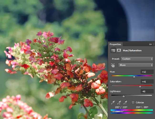 Adjust the Hue/Saturation for Blues.