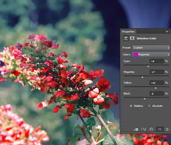 Adjust the intensity of the CMYK values for the Magenta areas of the photo. 