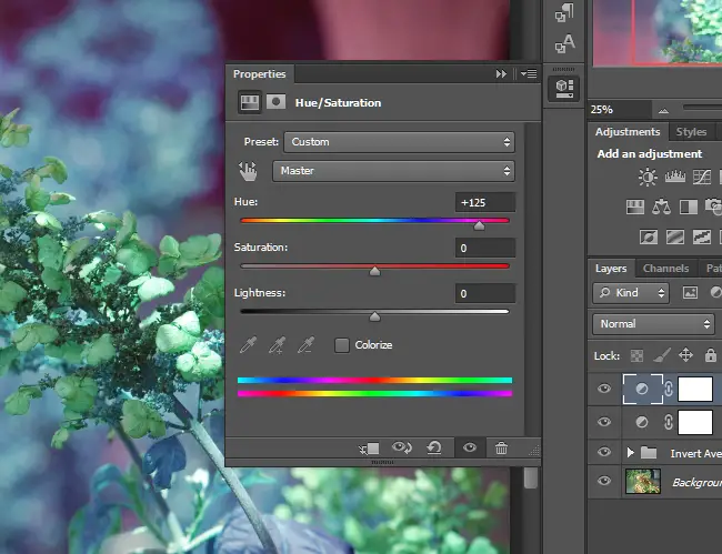 You can dramatically alter the colors in a photo by adjusting the Hue / Saturation.