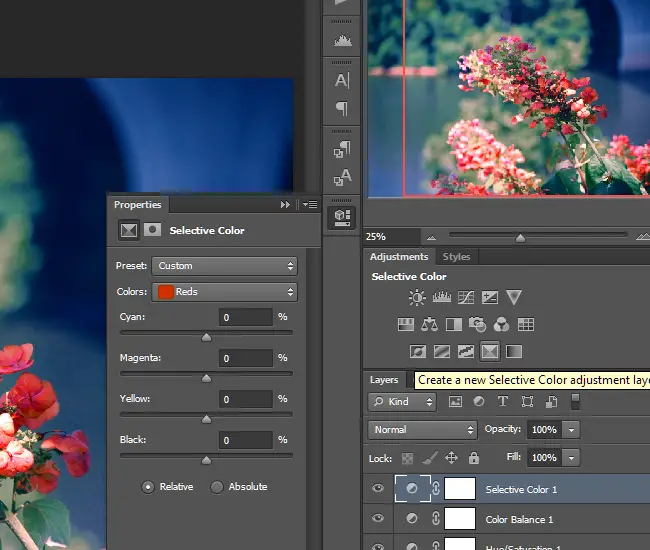 Create a Selective Color adjustment layer.