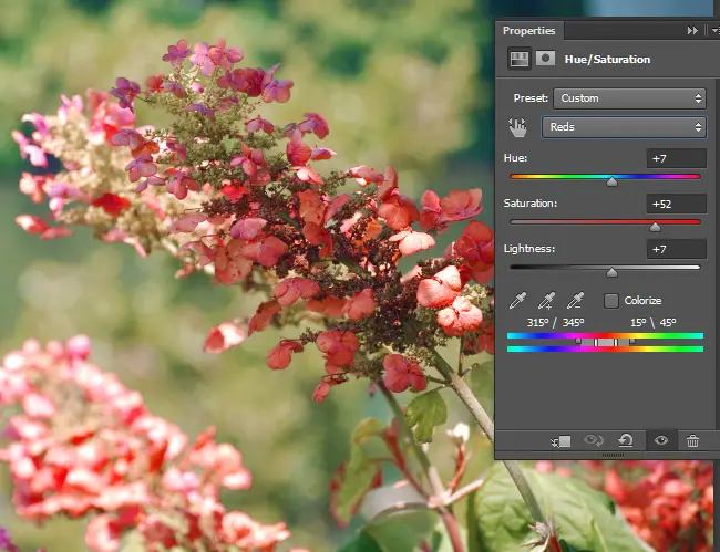 Adjust the Hue/Saturation for Reds.