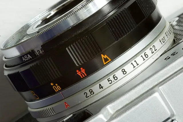 A focusing ring from an Olympus 35mm film camera.  We can see the ring as well as the ASA (ISO) setting and aperture selector.  Photo by George Rex.