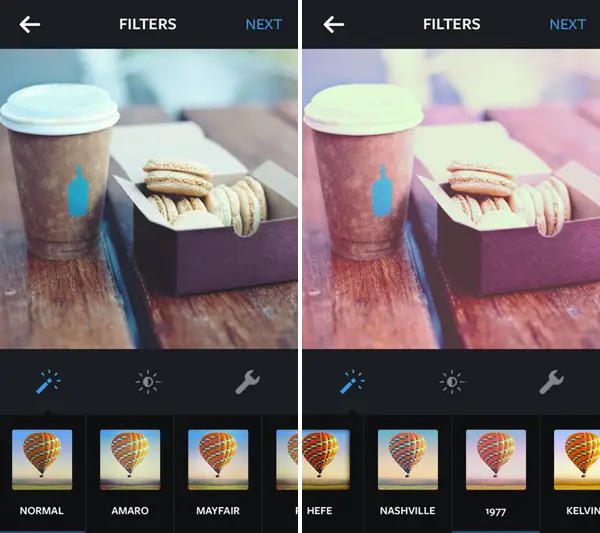 Instagram Normal and 1977 photo effects screenshot. 