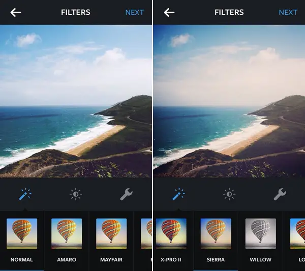 Instagram Normal and Sierra photo effects screenshot.