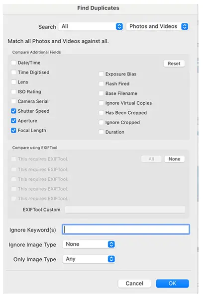 Find Duplicates EXIF options