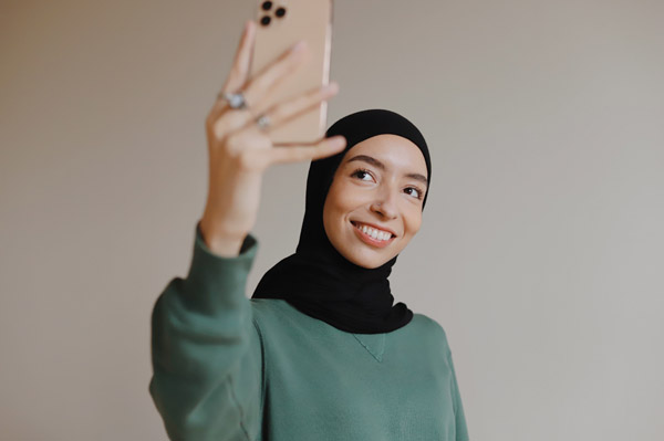 woman looking up at camera