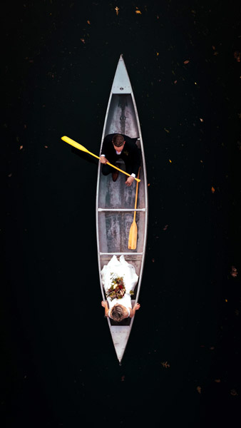 overhead shot of couple on boat