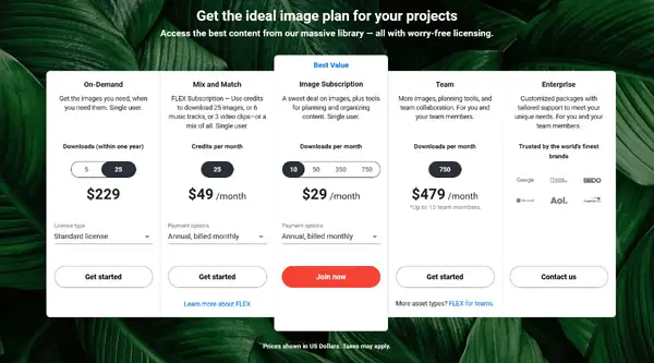 image subscription pricing screenshot