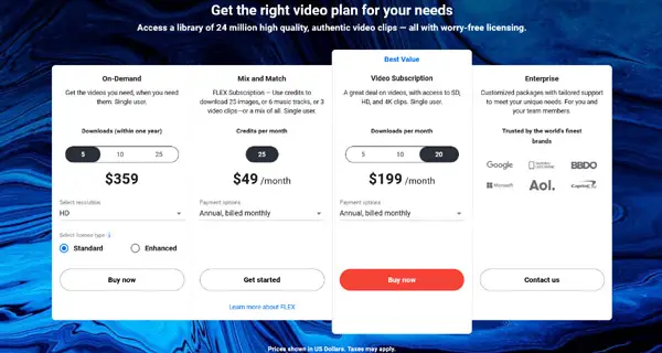 video subscriptions pricing screenshot